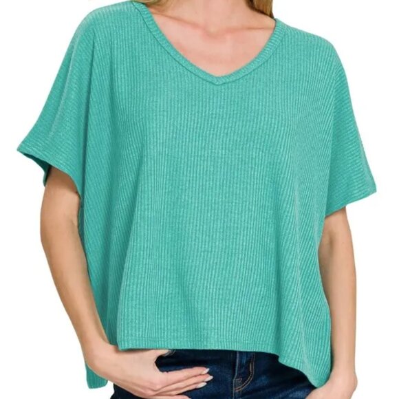 Zenana Ribbed V-Neck Short-Sleeve Knit Top - Picture 1 of 3